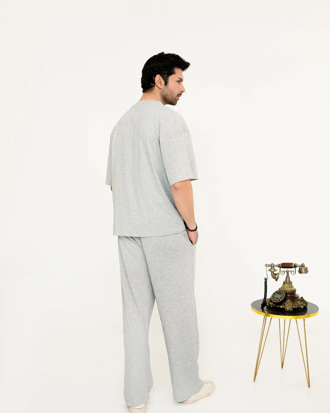 Grey Oversized Co-Ord Set for Men 4 Light grey oversized t-shirt for men back view by Covra