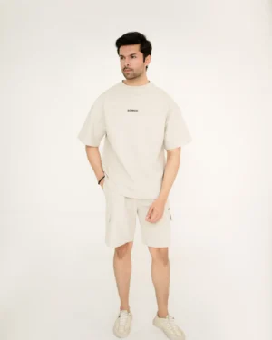 Cream embroidered co-ord shorts set for men by Covra Pakistan