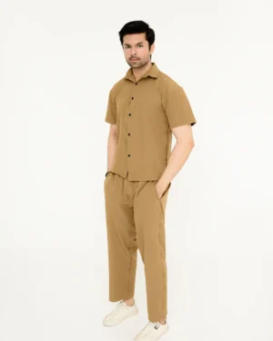 Camel button-up co-ord set for men by Covra Pakistan