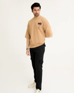 Beige dropped shoulder embroidered t-shirt for men by Covra Pakistan