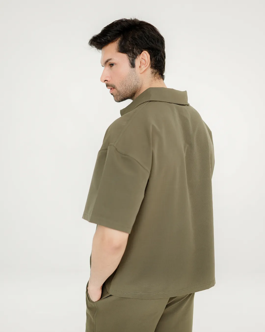 Olive Zip-Collar Co-Ord Shorts Set for Men 5 Olive co-ord shorts set for men back fit by Covra