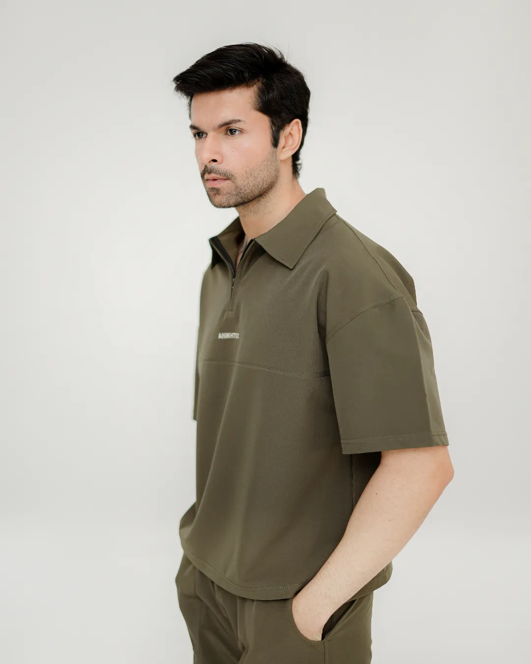 Olive Zip-Collar Co-Ord Shorts Set for Men 4 Olive co-ord set for men side shirt fit by Covra