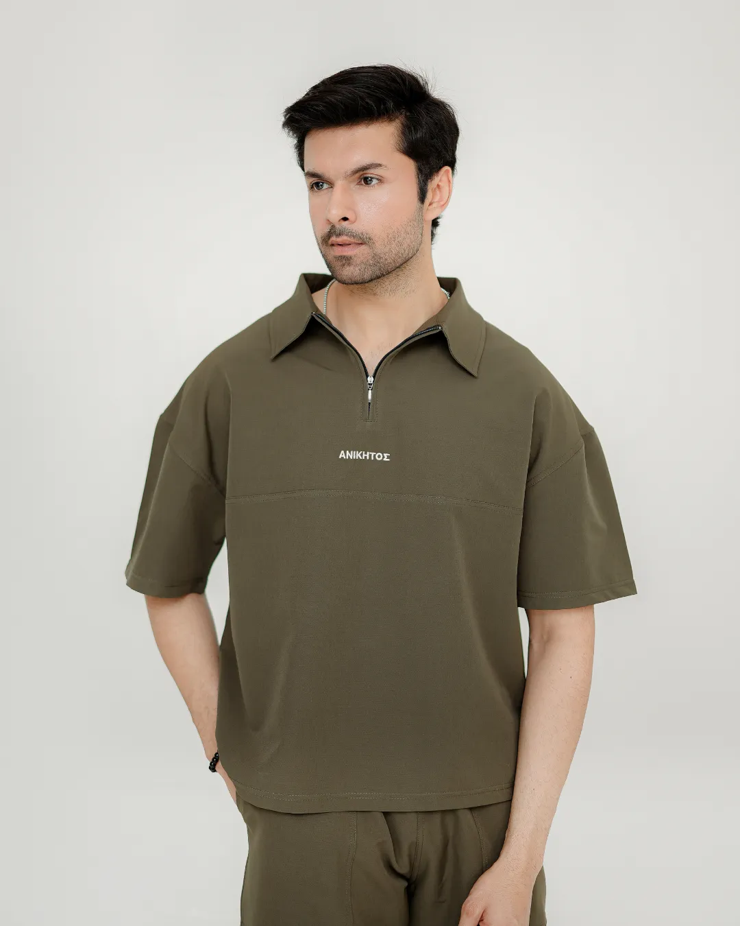Olive Zip-Collar Co-Ord Shorts Set for Men 2 Olive co-ord shorts set for men front view by Covra