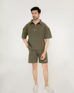 Olive zip-collar co-ord shorts set for men by Covra Pakistan