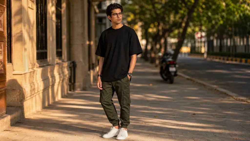 Oversized T-Shirt With Black Cargo Trousers